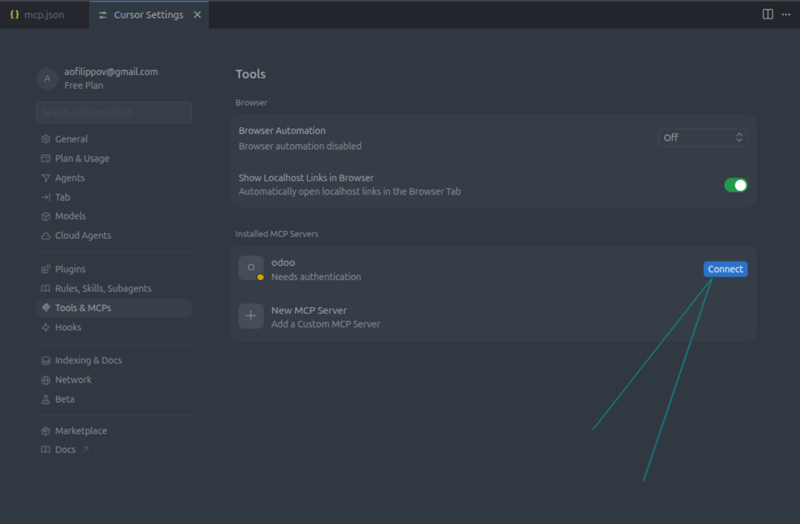 Таблото с настройки „Tools & MCPs“ в IDE, което показва състоянието на Odoo MCP сървъра като „Needs authentication“ с подчертан бутон „Connect“.